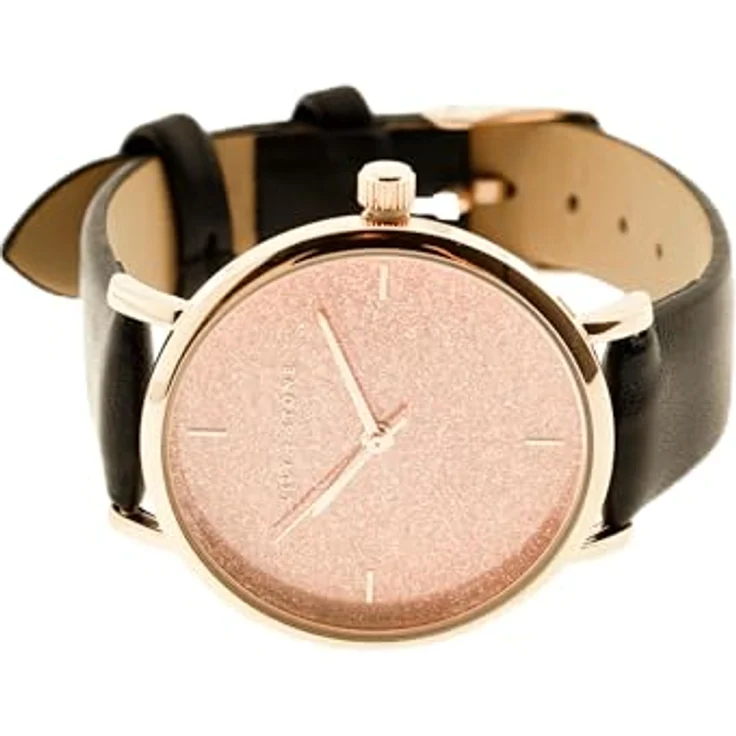 COFI 1453 Lily + Stone Armbanduhr, rosanes Zifferblatt, schwarze Schnalle, schwarzes Lederarmband mit goldenen Akzenten – Bild 1