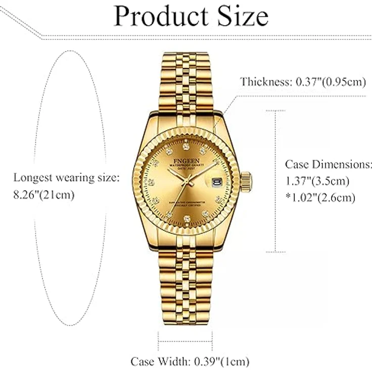 JewelryWe Damen Edelstahl Uhr, analog Quarz mit Datum, wasserdicht, goldfarbenes Zifferblatt und Leuchtzeiger – Bild 2