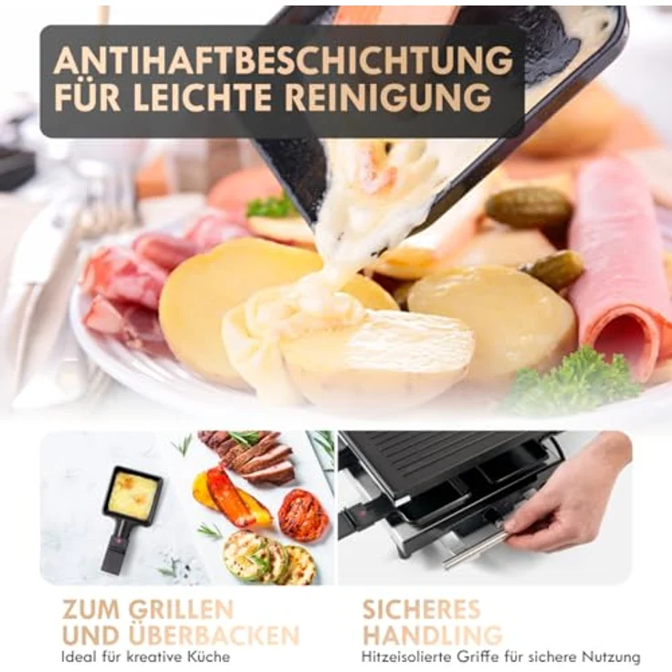 ProfiCook PC-RG 1144 Raclette-Tischgrill mit Naturgrillstein und Wendegussplatte, 10 Pfännchen, 10 Holzspatel, 1700 W – Bild 6