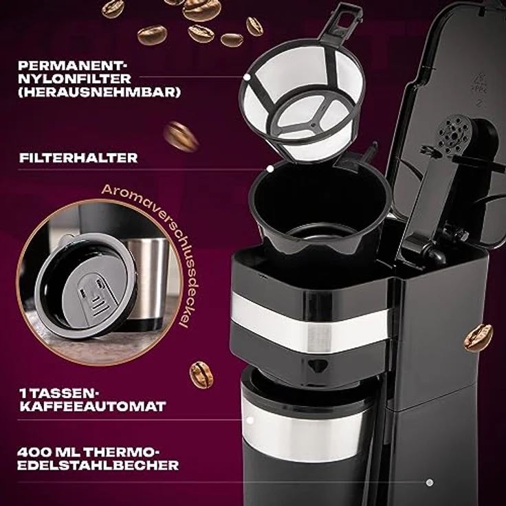 Clatronic 1-Tassen-Kaffeeautomat KA 3733, inkl. doppelwandigem Thermo-Edelstahlbecher, Aromaverschlussdeckel mit Trinköffnung, 400 ml Fassungsvermögen, passend für alle gängigen Getränkehalter – Bild 5