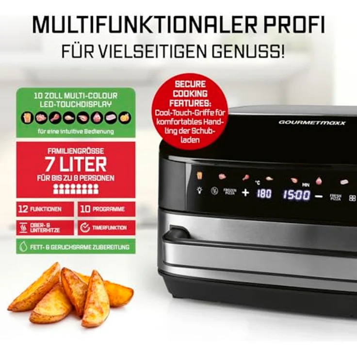 GOURMETmaxx AirGenius Heißluftfritteuse 7 L - XXL-Fritteuse mit 10 Programmen, Farbdisplay & Manuell, für max. 8 Personen – Bild 3