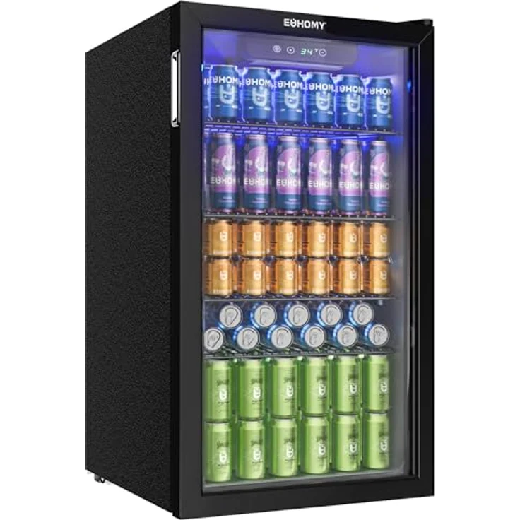 EUHOMY 90L Getränkekühlschrank, Mini-Kühlschrank für 126 Dosen mit Glastür, verstellbaren Regalen und digitaler Temperatureinstellung, Schwarz Edelstahl – Bild 1