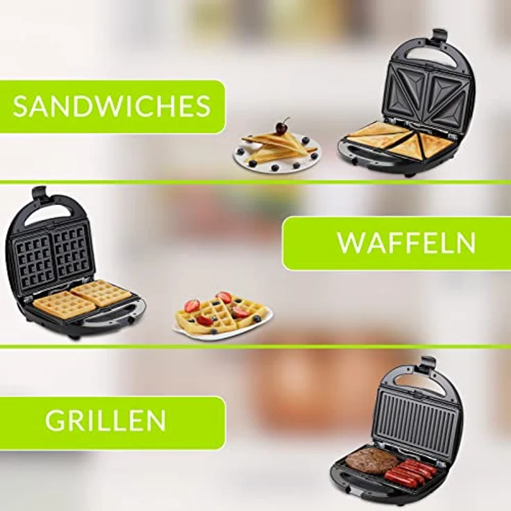 monzana 3in 1 Sandwichmaker Waffeleisen Sandwichgrill 800W Antihaftbeschichtung Tischgrill BPA frei – Bild 3