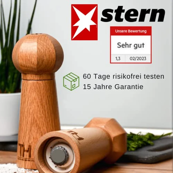 Thiru Profi Salz und Pfeffermühle Set - patentiertes Keramikmahlwerk - inkl. Untersetzer & Reinigungspinsel - Eiche Massivholz klein – Bild 4