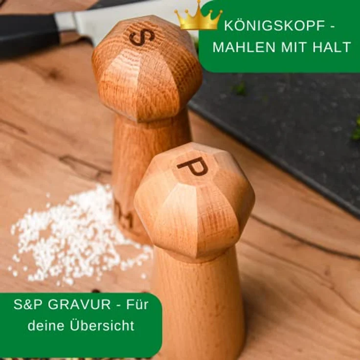 Thiru Profi Salz und Pfeffermühle Set - patentiertes Keramikmahlwerk - inkl. Untersetzer & Reinigungspinsel - Eiche Massivholz klein – Bild 3