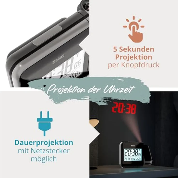 Mebus 42425 Projektions-Funkwecker, mit roter Uhrzeitprojektion, Innenthermometer und blauer Hintergrundbeleuchtung – Bild 6