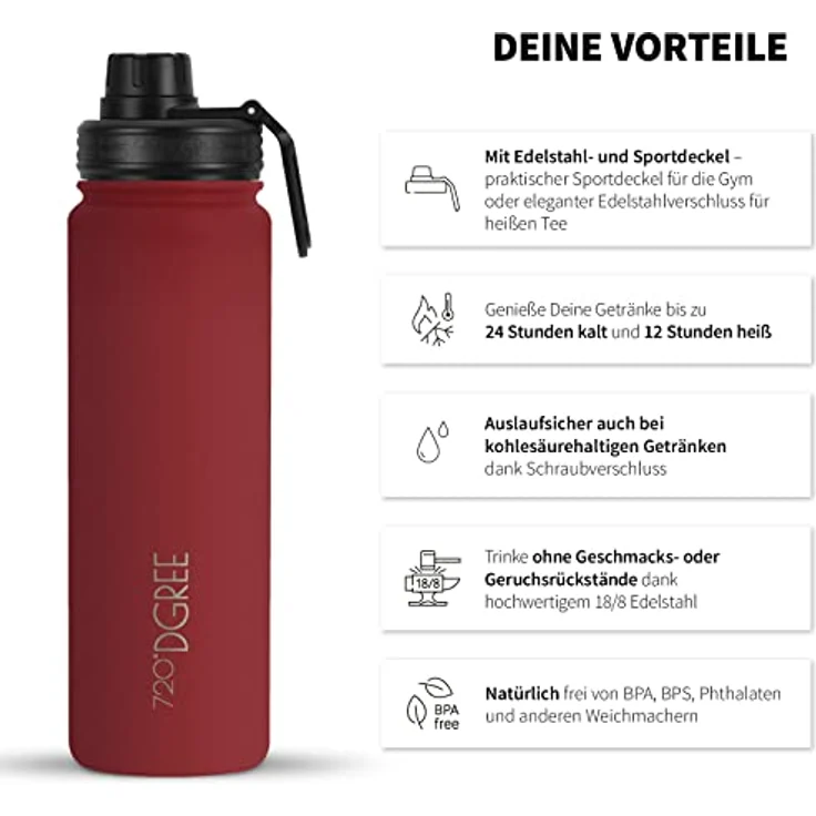 Trinkflasche Doppelwandig Edelstahl 710ml Isolierflasche m. Gratis Sportdeckel 720 DGREE noLimit imperial red – Bild 2
