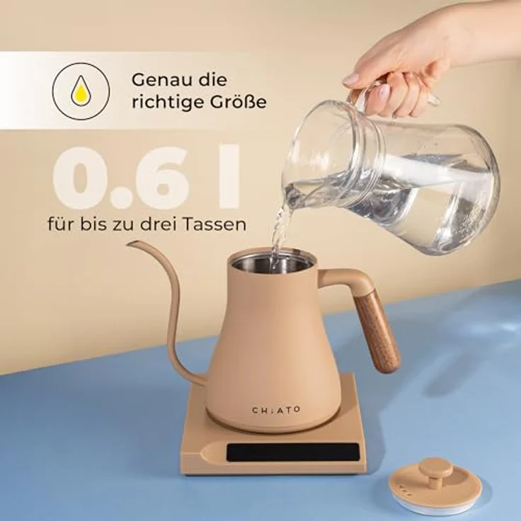 CHiATO flowPLAY Wasserkocher, 360° drehbar mit präzisem Schwanenhals-Ausguss und Touch-Display, 0,6 Liter, Temperatur einstellbar von 40 bis 100 °C, Schwarz – Bild 8