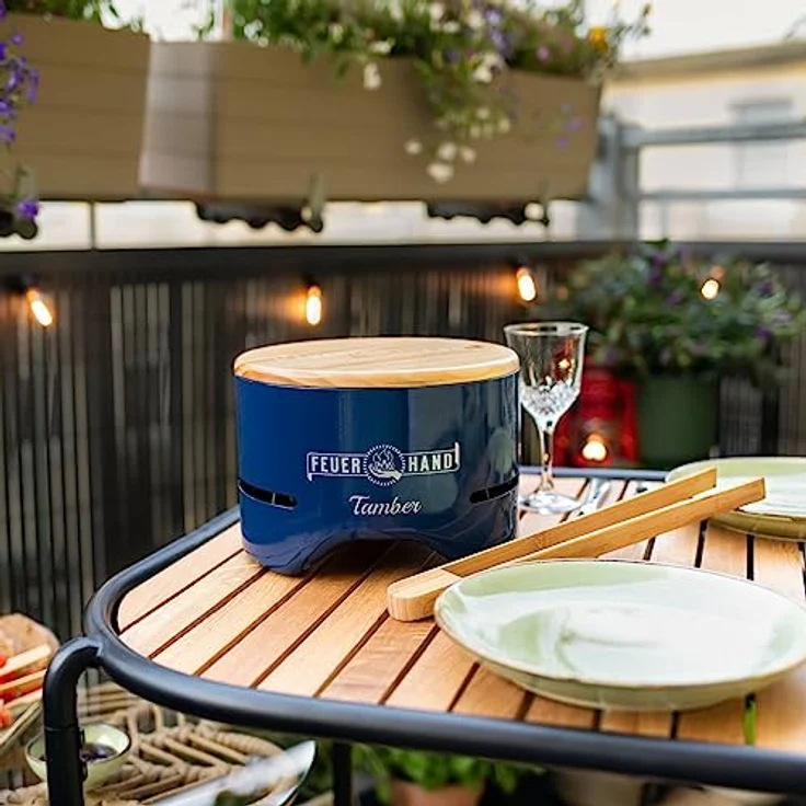 Feuerhand Tischgrill Tamber in Blau | Grillrost aus Emaille | Anti-Haft | raucharme Verbrennung | Ablaufrillen für Fett und Speiseflüssigkeiten | mit Tischgrill-Kohle – Bild 3