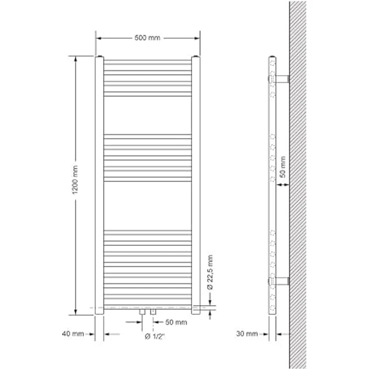 LuxeBath Badheizkörper 500x1200 mm, Weiß, Gerade mit Mittelanschluss, Hochwertiger Stahl, Platzsparendes Design, 410 W Wärmeleistung – Bild 2