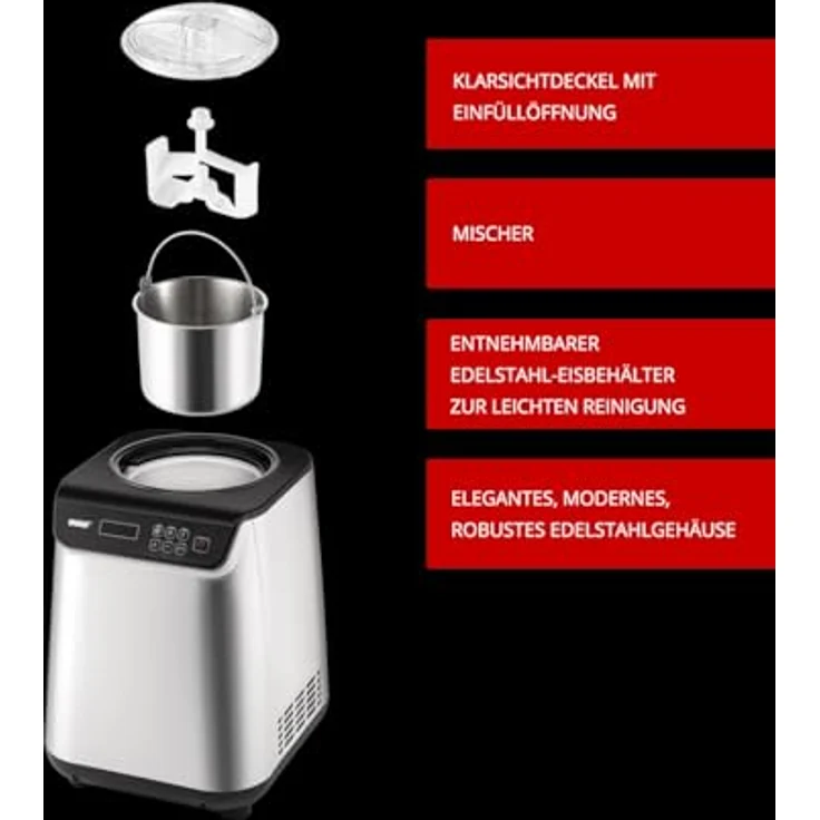 Unold Eismaschine Eismaschine Uno inklusive Eisbuch 1,2 L, vollautomatisch mit selbstkühlendem Kompressor, LCD-Display und 101 Rezepten, Silber – Bild 4