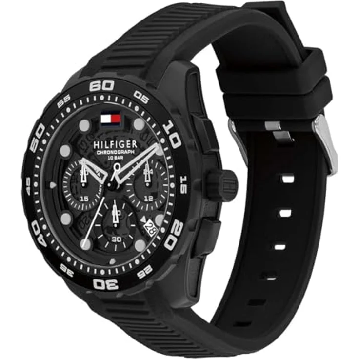 Tommy Hilfiger Chronographen-Quarzuhr mit Kalender für Herren, schwarzes Silikonarmband, 44 mm Gehäuse, 10 ATM wasserdicht, schwarzes Zifferblatt – Bild 2