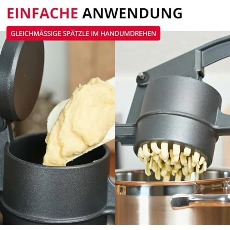 Westmark Spätzle- und Kartoffelpresse Spätzlechef, Traditionelle Lochung, Aluminium, anthrazit, 41 cm, griffige Spezialbeschichtung – Bild 3