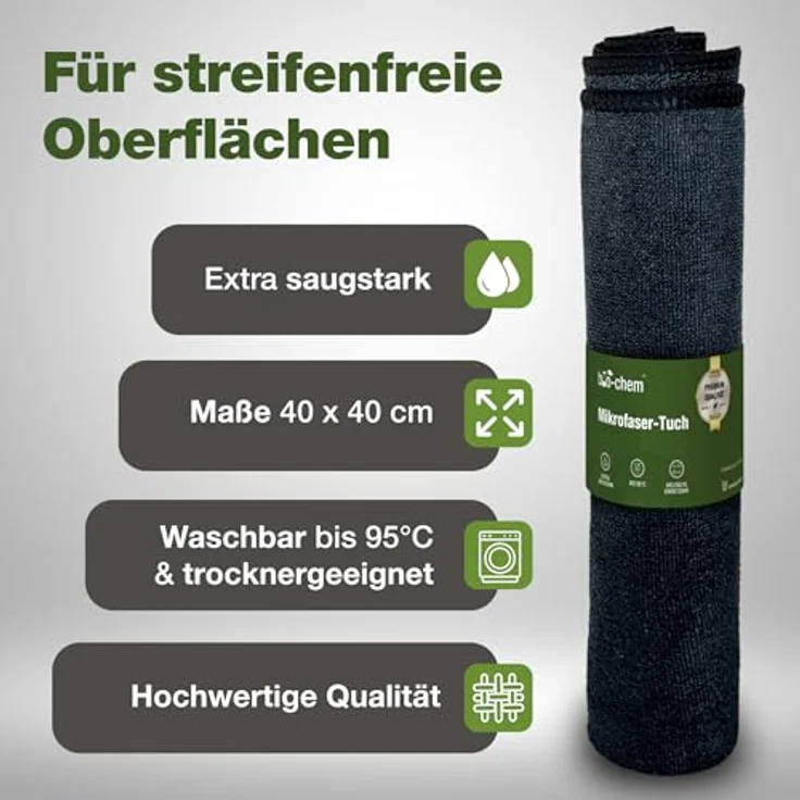 bio-chem 6X Mikrofasertuch 40x40 cm, fusselfrei, saugstark und schonend weich - wiederverwendbar und langlebig, ideal für Fenster und empfindliche Oberflächen – Bild 3