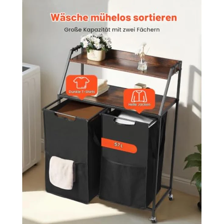 VEVOR Wäschekorb Wäschesortierer mit 2 Fächern aus 600D Oxfordstoff, Holztischplatte und Rollen, Wäschetrenner für schmutzige Kleidung, schwarzes Design mit 30,14 Gal Volumen – Bild 3