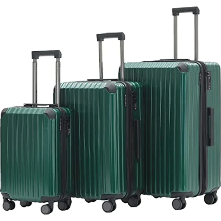 Münicase M816, 3er Kofferset mit TSA-Schloss, Dehnungsfuge, Teleskopgriff, Hartschale, 4 Rollen, Dunkelgrün, Größe 76cm/65cm/55cm – Bild 1