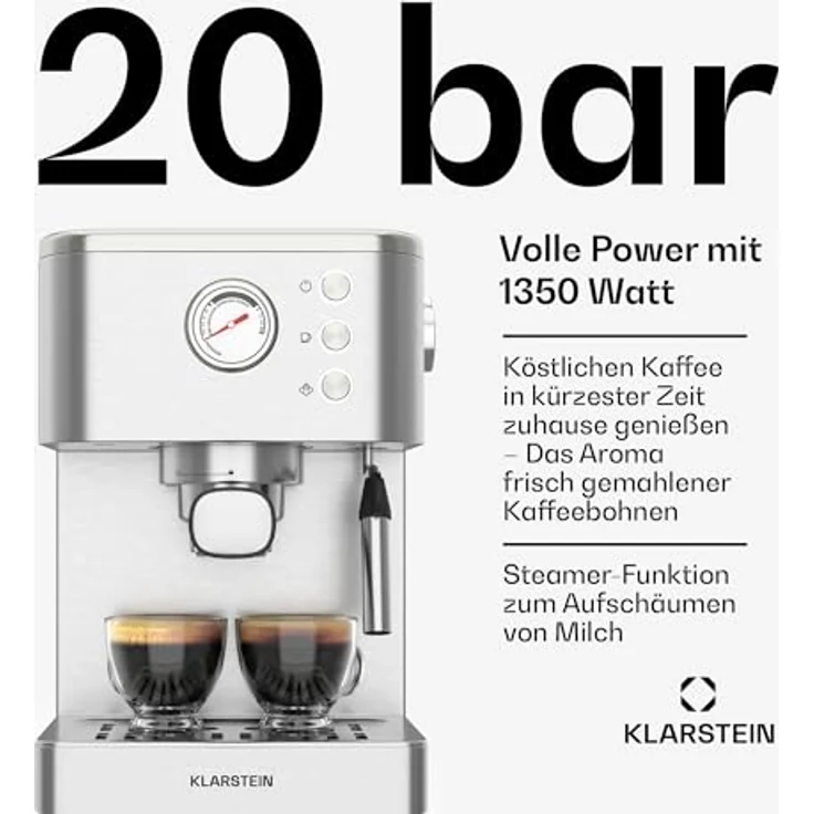 Klarstein SteelPresso Siebträgermaschine – 20-Bar, 1350 W, Edelstahl, Dampf-Funktion, Kompaktes Design, Warmhalteplatte, Silber – Bild 2