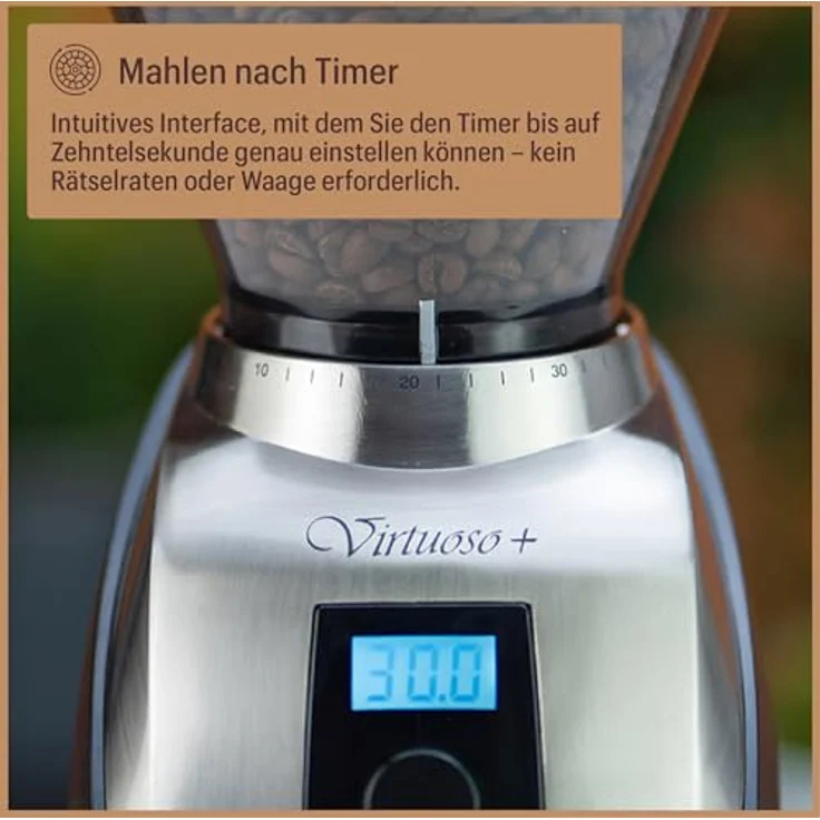 Baratza Virtuoso+ 230V Elektrische Kaffeemühle, konisches Mahlwerk, individueller Timer, Barista-Beleuchtung, kompakt und transportabel, schwarz – Bild 5