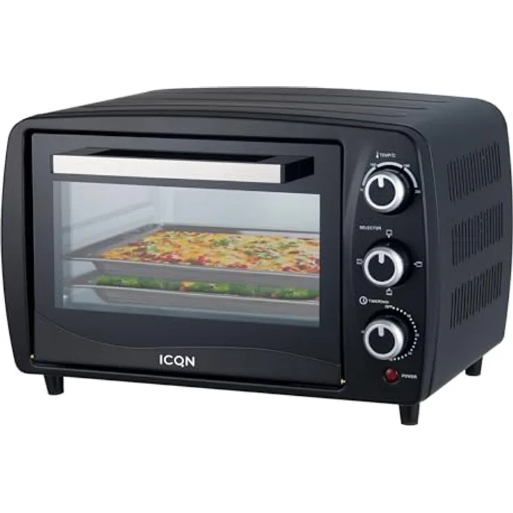 ICQN Kompakter Minibackofen 15 Liter, 1200W, 60 min-Timer, 3 Kochfuntionen, 90°-230°C, Anthrazit