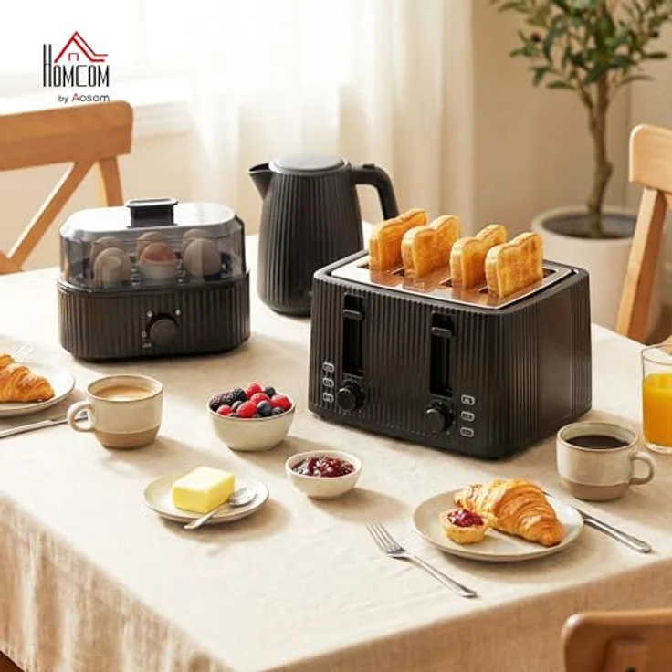 HOMCOM Wasserkocher-Toaster-Eierkocher Set, 1,7L Wasserkocher, 4-Scheiben Toaster in Schwarz mit Sicherheitsfunktionen und Signalton-Timer – Bild 2