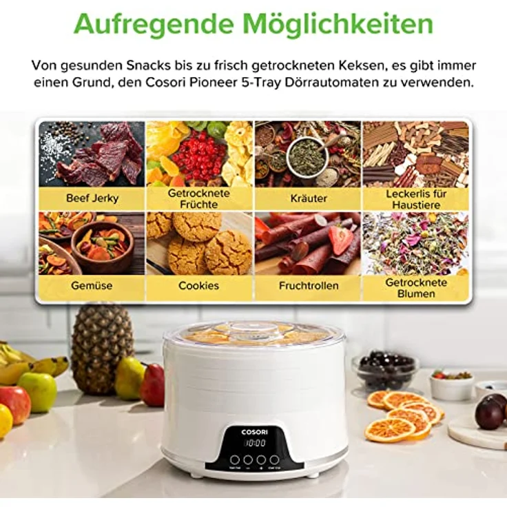 COSORI Dörrautomat für mehr Möglichkeiten, Food Dehydrator mit 5 stapelbaren und herausnehmbaren Tabletts, Einstellbare Höhe, Temperaturregelung(35-75℃), BPA-frei, 350W,Weiß – Bild 4