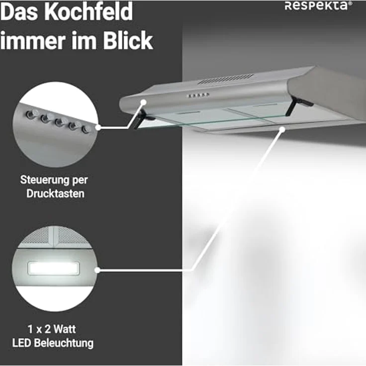respekta CH 1259 IX C, Motorhaube, Standard, Breite: 59.8 cm, Tiefe: 50 cm, Absaugung und Rückführung (mit zusätzlichem Rückführungsset), rostfreier Edelstahl – Bild 4