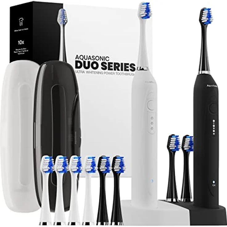 AquaSonic DUO PRO – Extra Aufheller 40.000 VPM Elektrische Intelligente Zahnbürsten - 4 Modi mit Smart Timer - UV Säuberung & Kabellose Aufladestation - 10 ProFlex Bürstenköpfe & 2 Reiseetuis – Bild 1