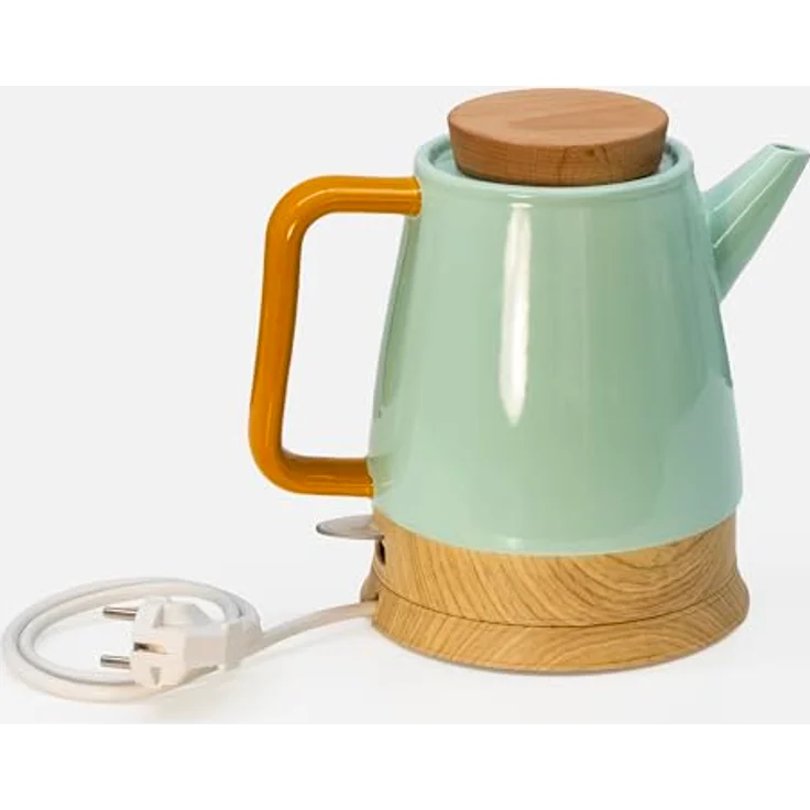 Kvota Elektrischer Keramik Wasserkocher 1,5 L mint/holz – mit echtem Holzdeckel, 360° drehbarem Sockel, LED-Betriebsanzeige, BPA-frei, Trockengehschutz, Retro Design – Bild 3