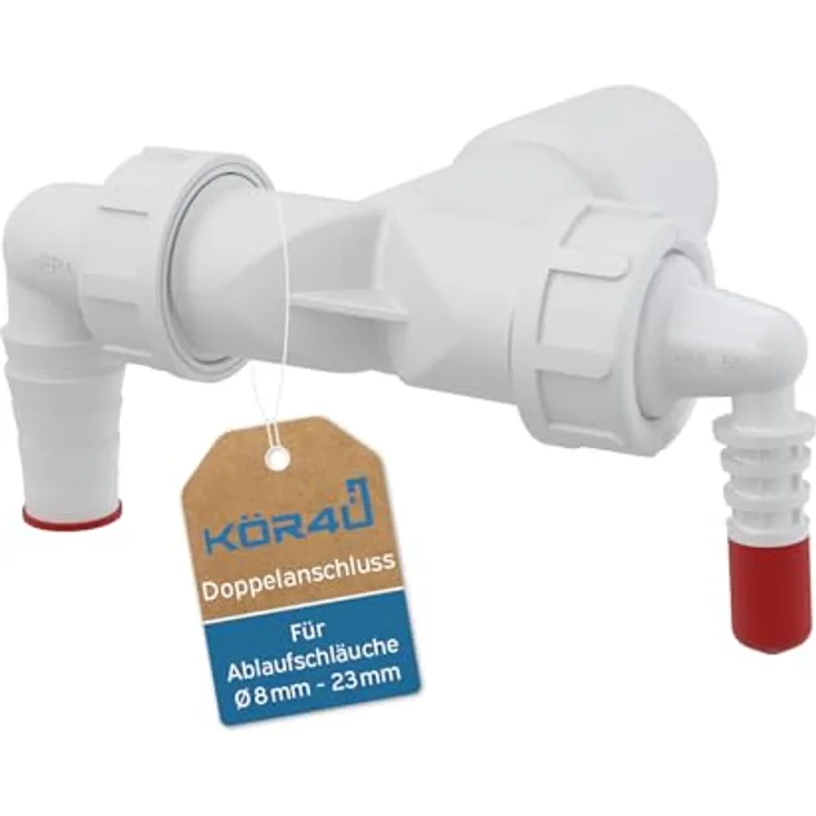 kör4u Doppelanschluss DN40/32, Siphonanschluss mit Rückschlagklappen für Waschmaschine und Geschirrspüler, zwei Schlauchanschlüsse 8-23 mm