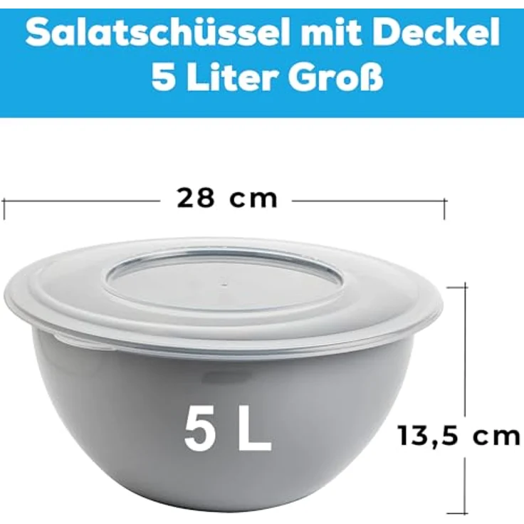 2friends Schüssel Modell Leya, 3x Rührschüssel Set mit Deckel, 2L hellgraue Plastikschüsseln, Ø 28 cm, BPA-frei – Bild 2