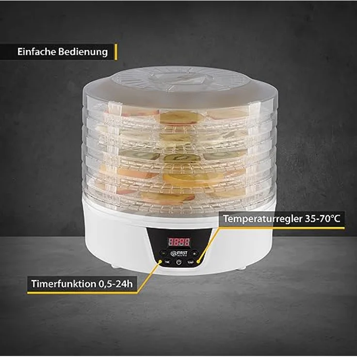 TZS First Austria Dörrautomat | Dörrgerät für Obst, Kräuter, Pilze & Fleisch | digital mit Timer & Temperaturregler 35-70°C | 5 Etagen, Einlageböden BPA frei, Dörrapparat mit Zeitschaltuhr – Bild 4