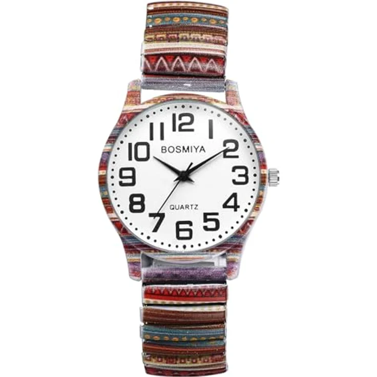 JewelryWe Damenuhr Boho Elastische Armbanduhr, Vintage Ethno-Stil mit Analog Quarzwerk, Edelstahl Stretch Armband, große römische Ziffern – Bild 1