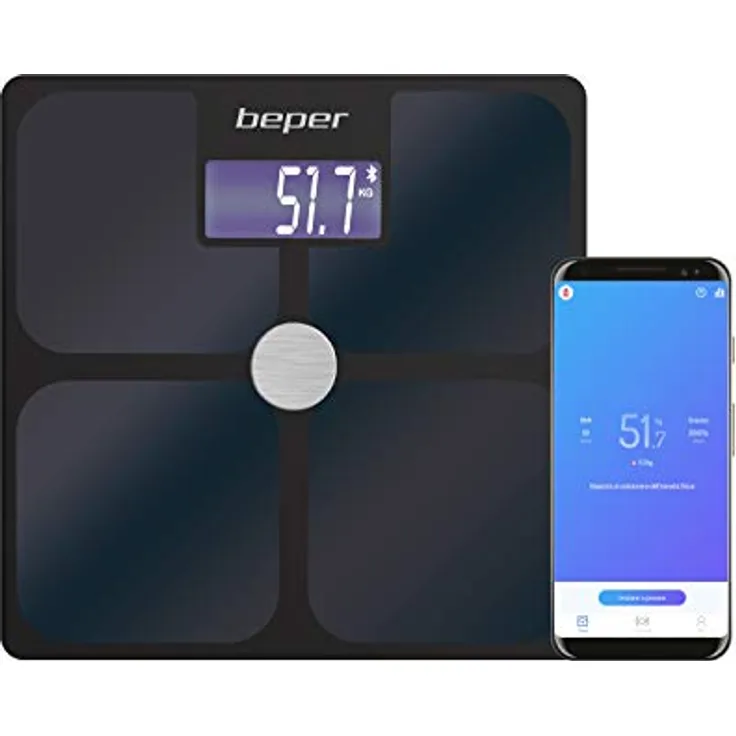 BEPER P303BIP050 Impedanzwaage mit ScaleUp App, Bluetooth für iOS- Android, 21 Körperwerte, unbegrenzte Benutzer, statistische/historische Daten, 180 kg, schwarz