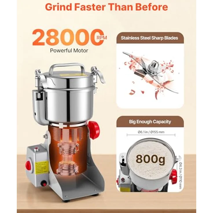 VEVOR Elektrische Getreidemühle 800 g, 2100 W Edelstahl, Hochleistungs-Gewürzmühle mit zeitsparender Mahlfunktion und 270°-Schüttelvorrichtung – Bild 4