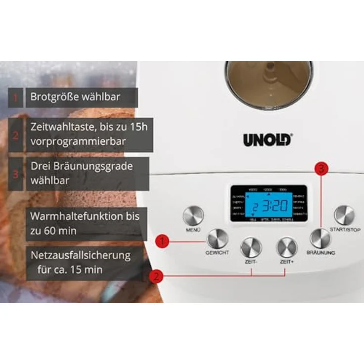 Unold 68520 Backmeister Big White Brotbackautomat, 850W, 15 Backprogramme, 3 Bräunungsgrade, Kunststoff, weiß – Bild 2