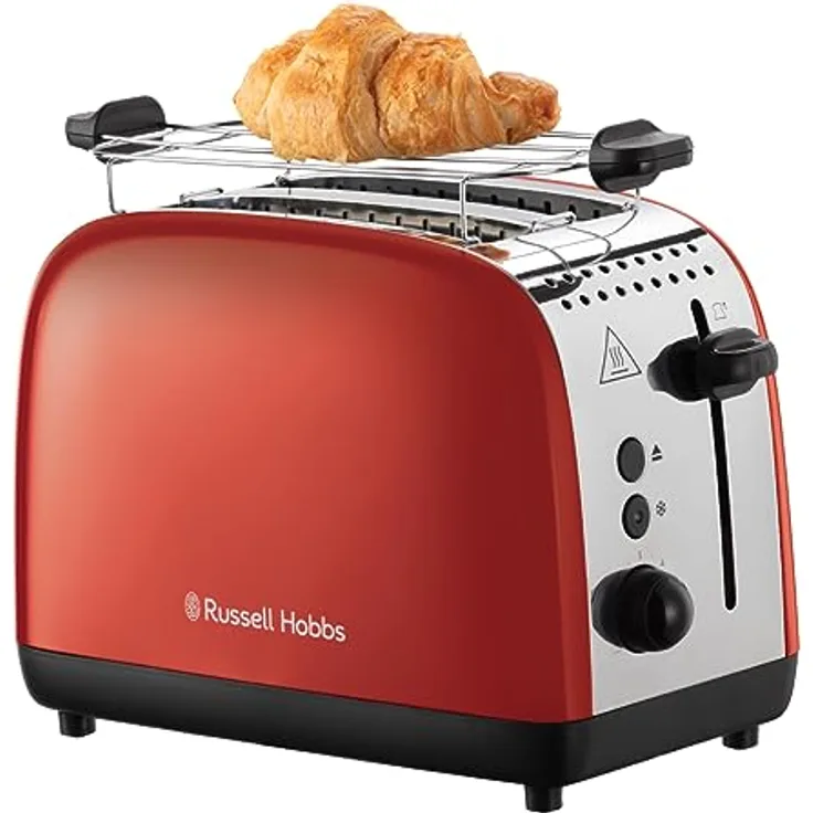 Russell Hobbs Toaster [für 2 Scheiben] Colours Plus Edelstahl Rot (extra breite Toastschlitze, inkl. Brötchenaufsatz, 6 Bräunungsstufen + Auftaufunktion, Lift & Look-Funktion, 1600W) 26554-56