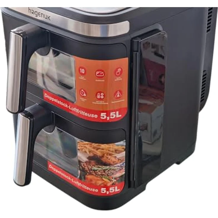 Hagenuk DUAL ZONE Heißluftfritteuse, 12 Liter, 2800 W, Digitales Farbdisplay, 10 Programme, Sichtfenster, Synchronisierungsfunktion – Bild 6