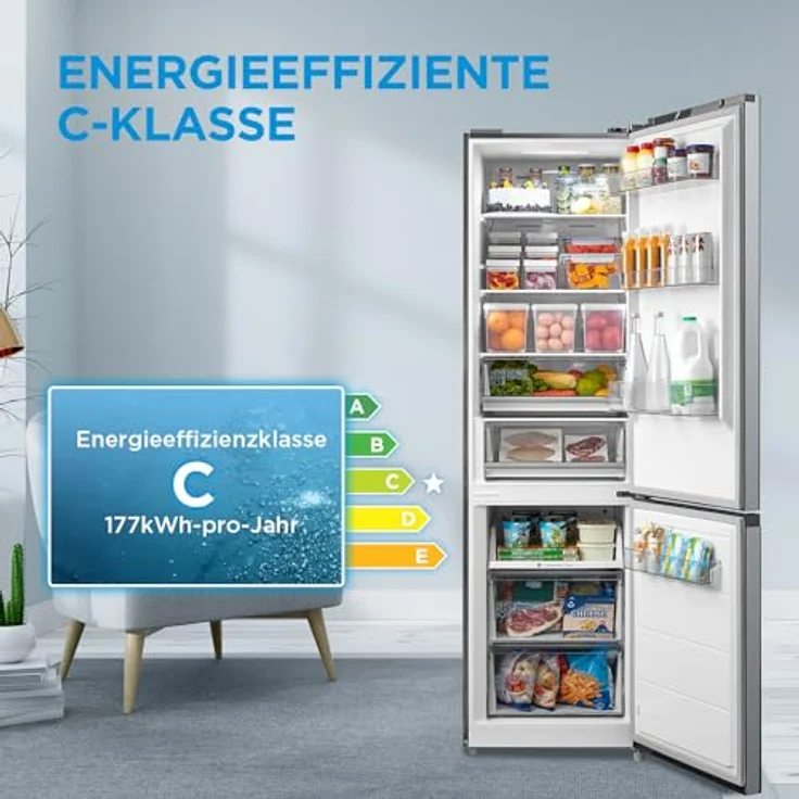 Midea MDRB521MIC46A Kühl-/Gefrierkombination/No Frost/WiFi-Steuerung/201 cm hoch / 59,5 cm breit /70 cm tiefe/177 kWh/Jahr/256 L Kühlteil/ 122 L Gefrierteil/Inverter Kompressor, Front Inox – Bild 2