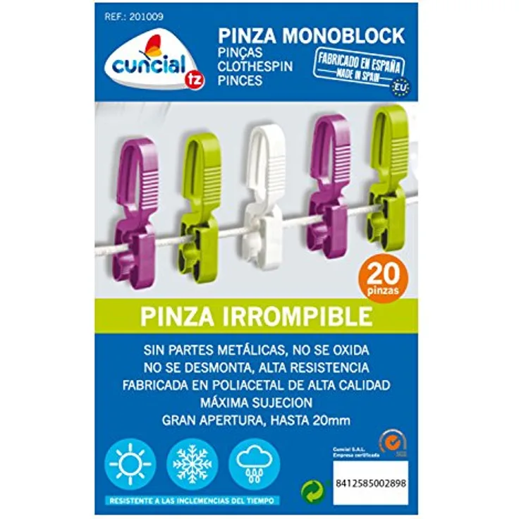 Cuncial Monoblock Wäscheklammern, unzerbrechlich, ohne Feder, groß, 20 Stück