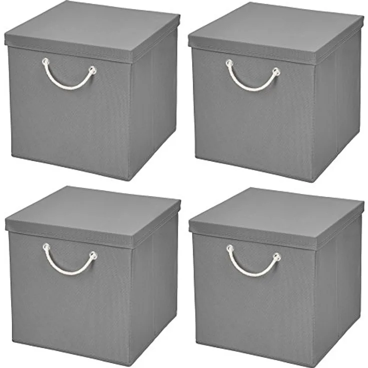 CM3 4 Stück Hellgrau Faltbox 30 x 30 x 30 cm Aufbewahrungsbox faltbar mit Kordel und mit Deckel