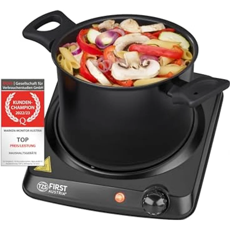 TZS First Austria Infrarot Keramik-Herdplatte | ALLE Topfarten | Einzelkochplatte 17,5cm | Kochfeld für Umzug, Camping, Ferienwohnung - schnelles Aufheizen & stufenlose Einstellung - Kontrollleuchte – Bild 1