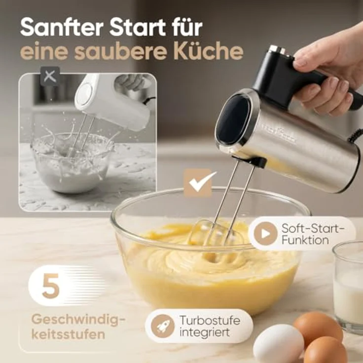 ProfiCook Handmixer PC-HM 1335, 400W mit 5 Geschwindigkeitsstufen und Turbo-Funktion, Edelstahlquirle und -knethaken – Bild 2