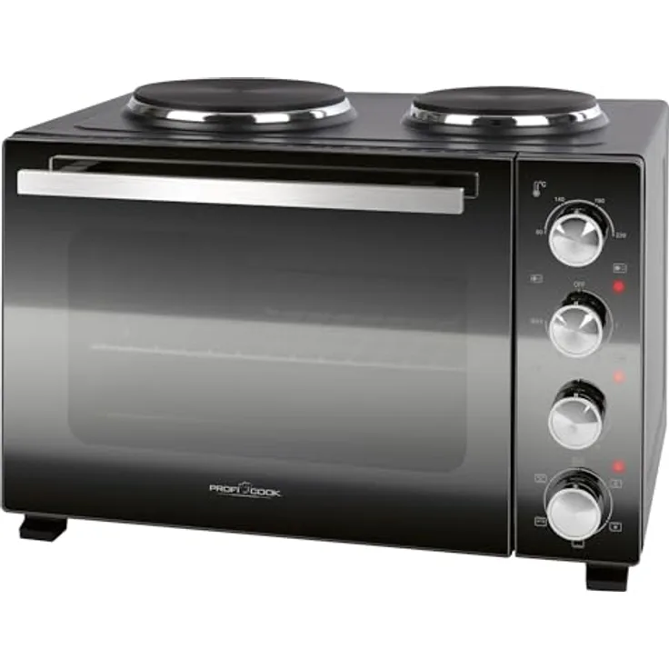 ProfiCook PC KK 1302, Minibackofen 32L mit Kochplatten und Drehspieß, Umluft, Oberhitze, Unterhitze, stufenlos regelbar, umfangreiches Zubehör