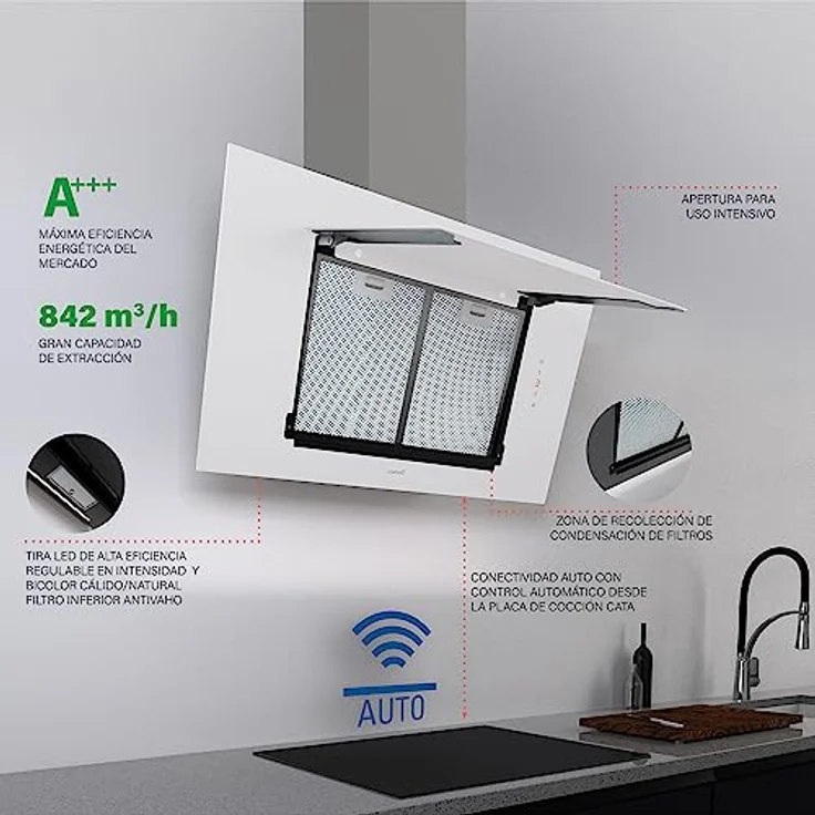 CATA Thalassa Pro 80 GWH, Dunstabzugshaube mit 640 m³/h, digitaler Steuerung, Timer und LED-Beleuchtung, weiß – Bild 8