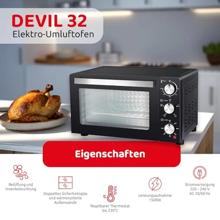Melchioni Devil 32 32 L 1500 W Nero, Minibackofen mit Umluft-Funktion – Bild 3