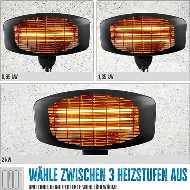 Güde Infrarot Standheizstrahler GIH 2000 (2000W Heizleistung, 3 Heizstufen (650/1035/2000 W), 15 m³ max. Raumheizvermögen, Quarz-Heizelemente, großer Standfuß & Kippschutz & stabiles Metallgestell) – Bild 3