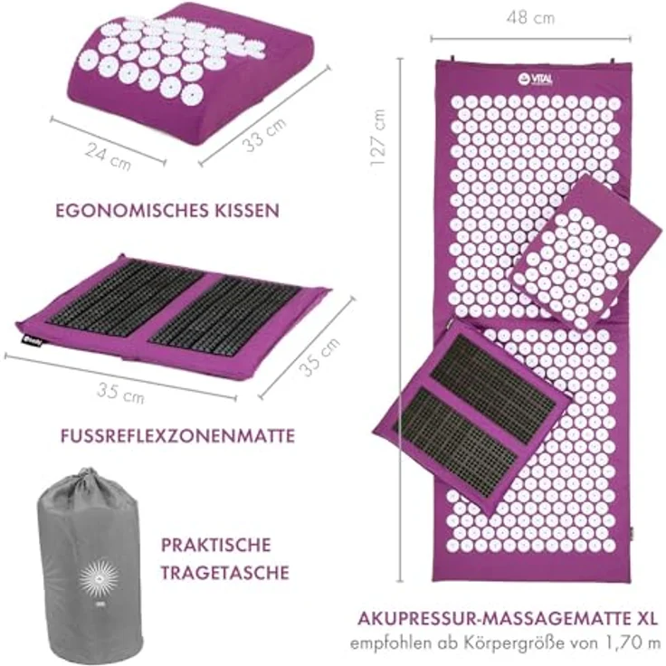 bodhi Akupressurmatte VITAL Akupressurmatte XL Deluxe-Set SPIKY aubergine, extralange Matte für Rücken, Nacken und Beine – Bild 3