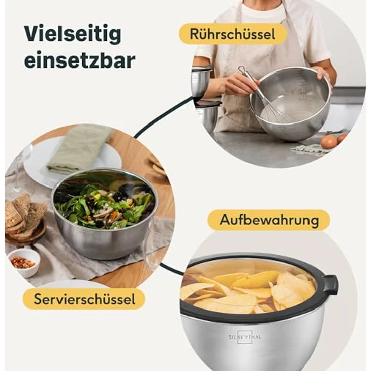 SILBERTHAL Edelstahl Schüssel Set mit Deckel - 3 Stück - Vielseitige Koch- und Servierschüsseln, stapelbar, rutschfest - Silber – Bild 3