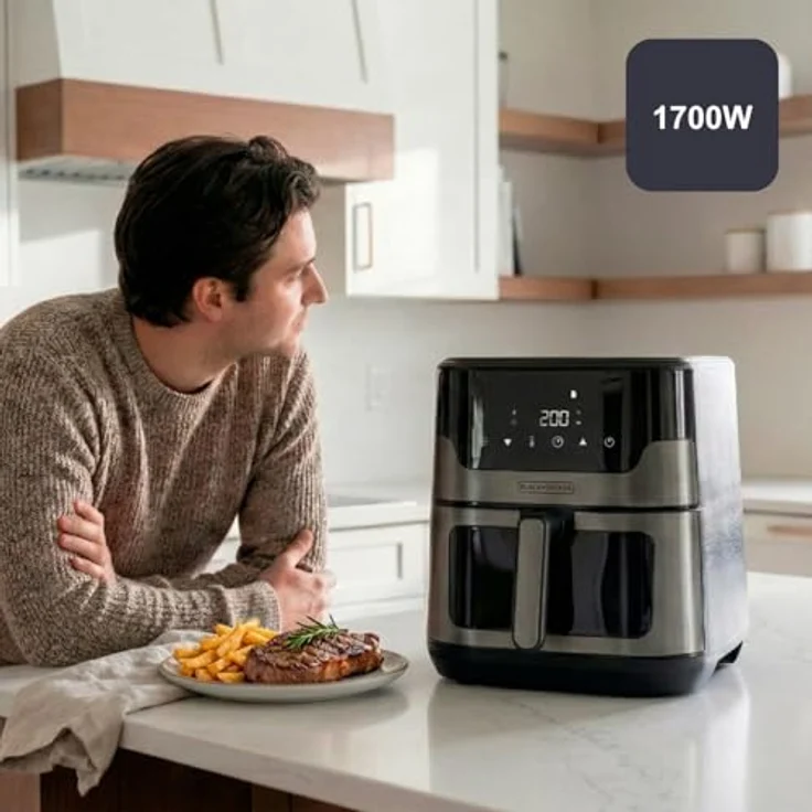 Black+Decker Bxaf8001e Heißluftfritteuse, 1700 Watt, digitaler Touchscreen, 8 Automatikprogramme, ölfreies Kochen, Sichtfenster, EU Plug 220V – Bild 5