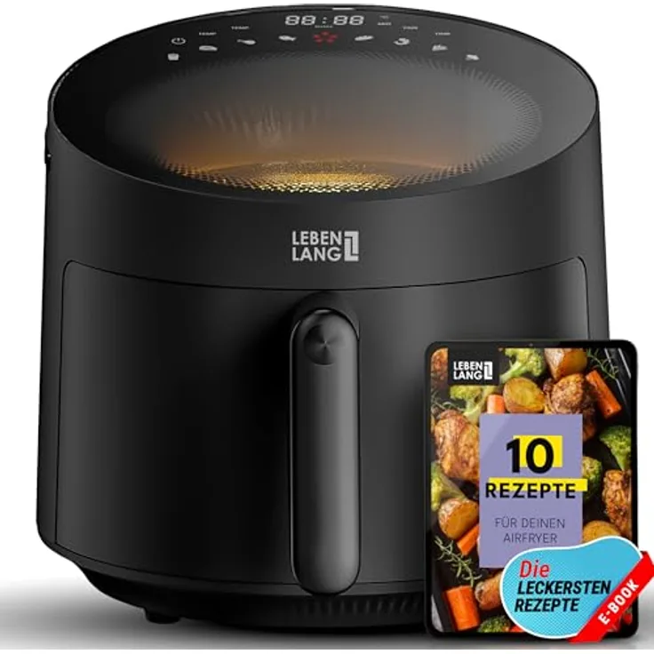 LEBENLANG Heißluftfritteuse 5L, 1500W, ölfreie Friteuse mit Rezeptbuch, 8 Programme, Schwarz